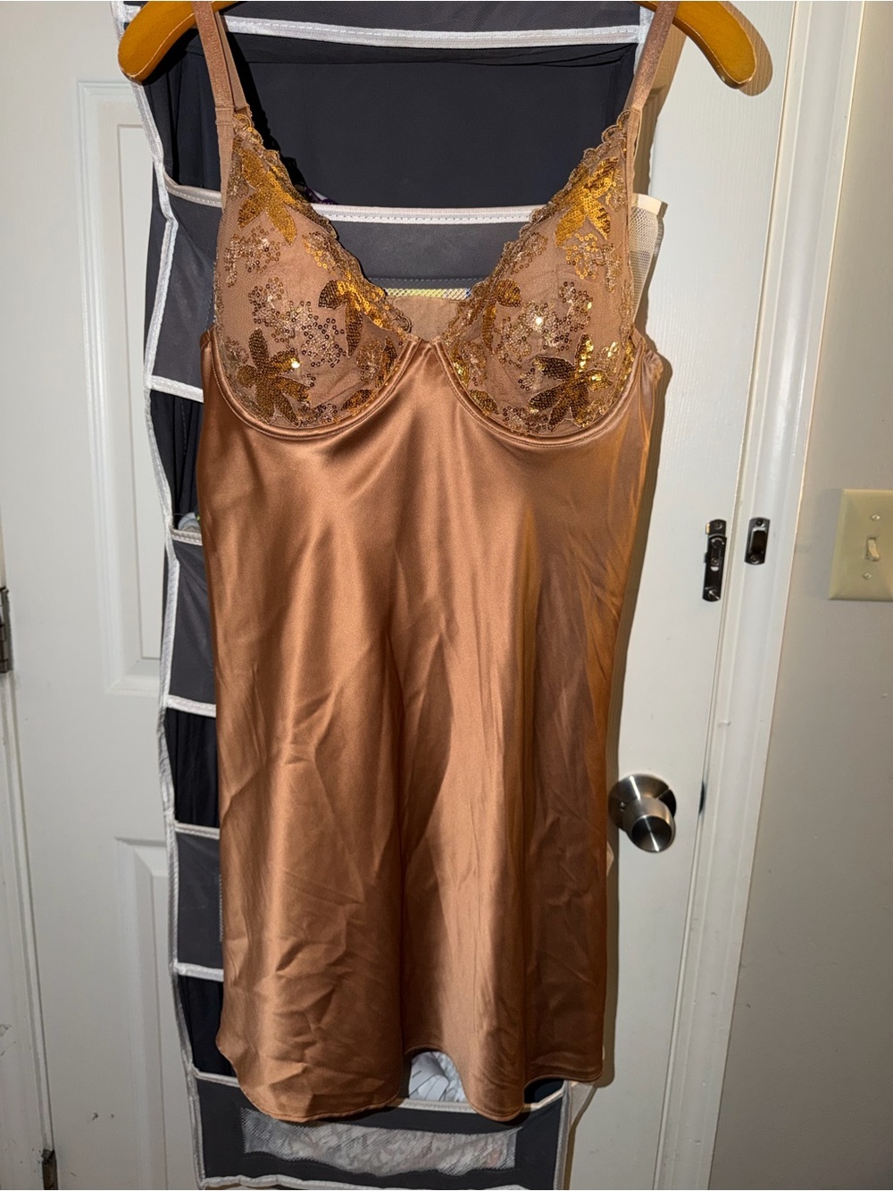 Victoria's Secret Copper Satin Slip Chemise with Sequin Lace Cups